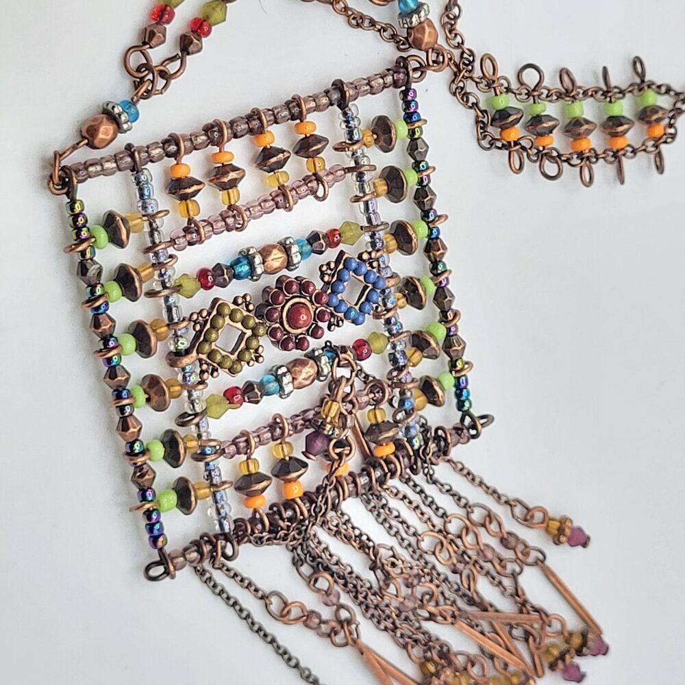 Afghan Kuchi Style Tribal Pendant Long Modernist Gold Tone Statement Necklac 30"